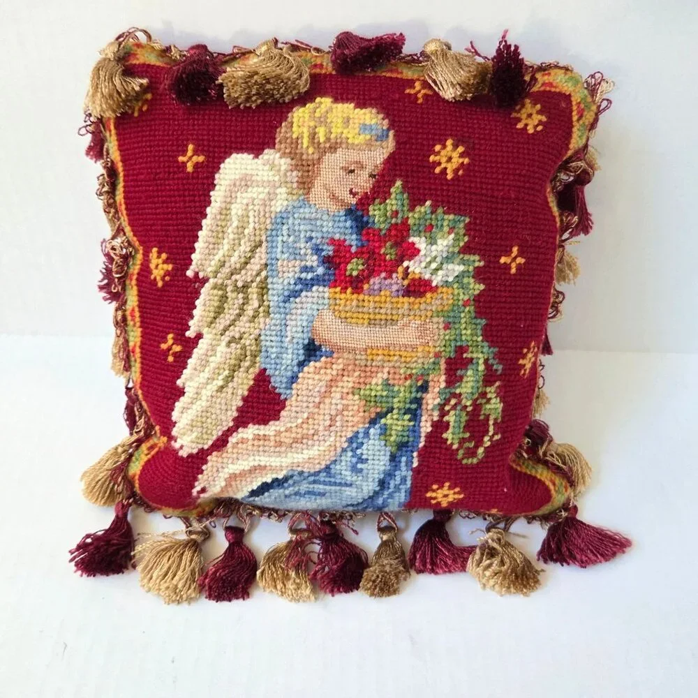 Christmas Needlepoint Pillow Angel Petit Point Tassels 9
